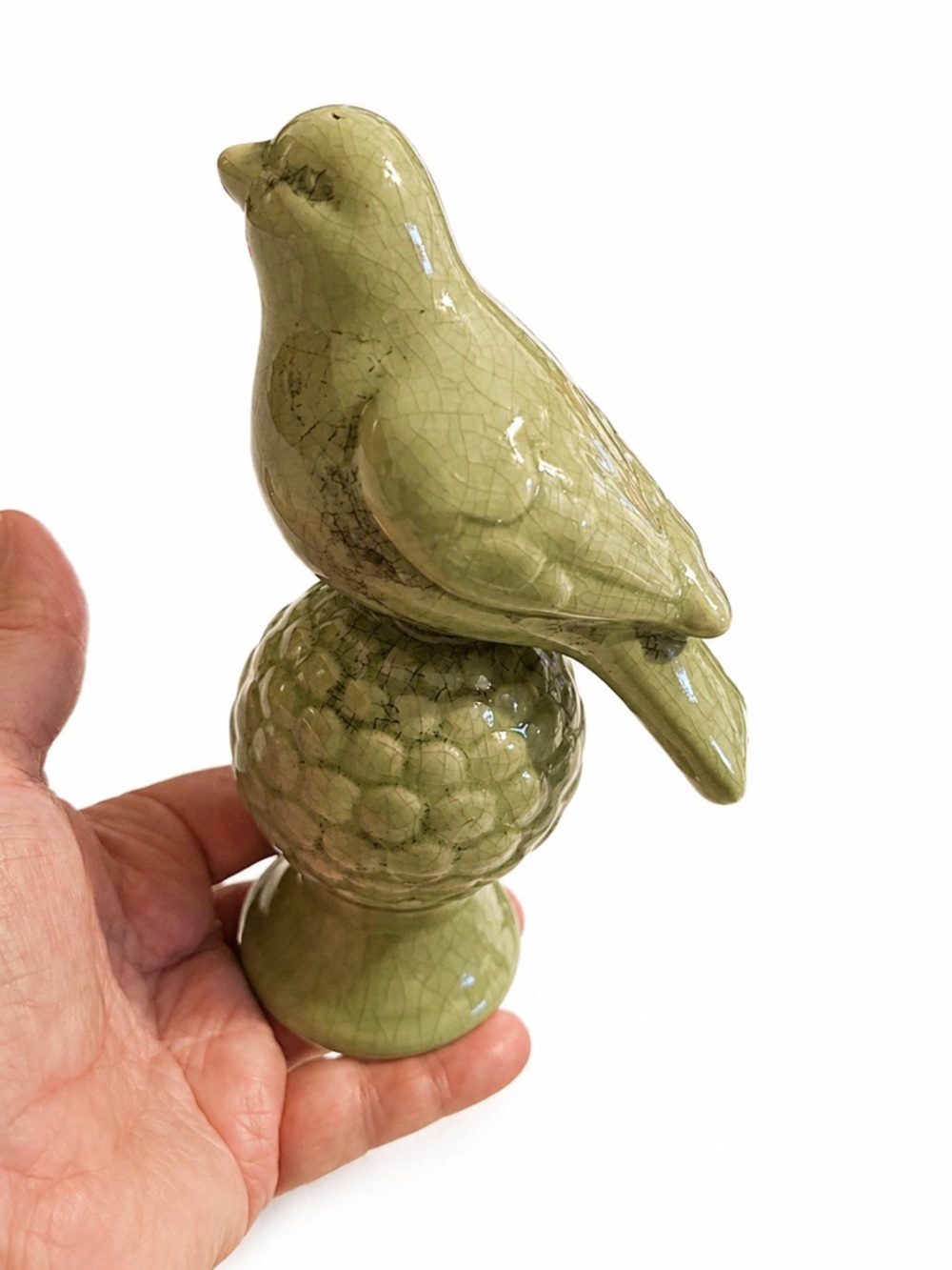 Vintage Green Crackle Glaze Ceramic Bird Figurine – 6” Tall